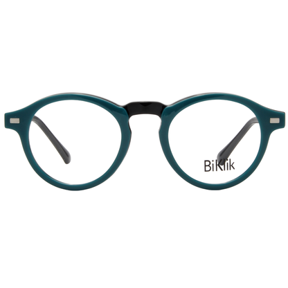 Teal eyeglasses with 'Bikilk' branding on a white background