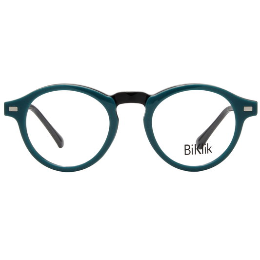 Teal eyeglasses with 'Bikilk' branding on a white background