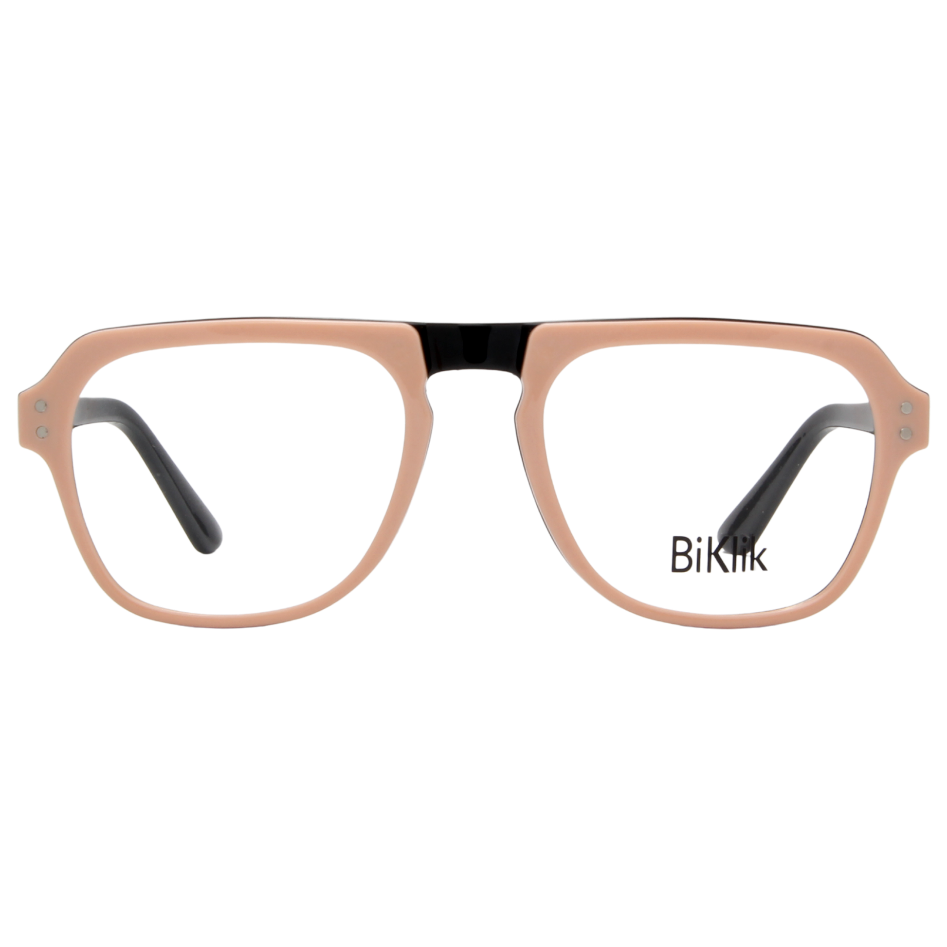 Eyeglasses with a rose gold frame and black accents on a white background