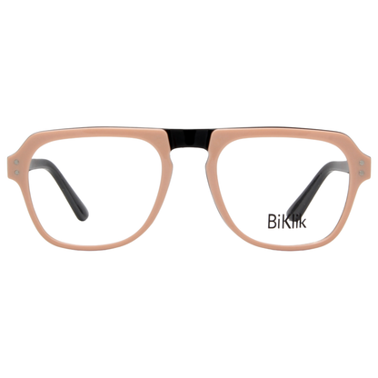Eyeglasses with a rose gold frame and black accents on a white background