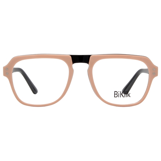Eyeglasses with a rose gold frame and black accents on a white background