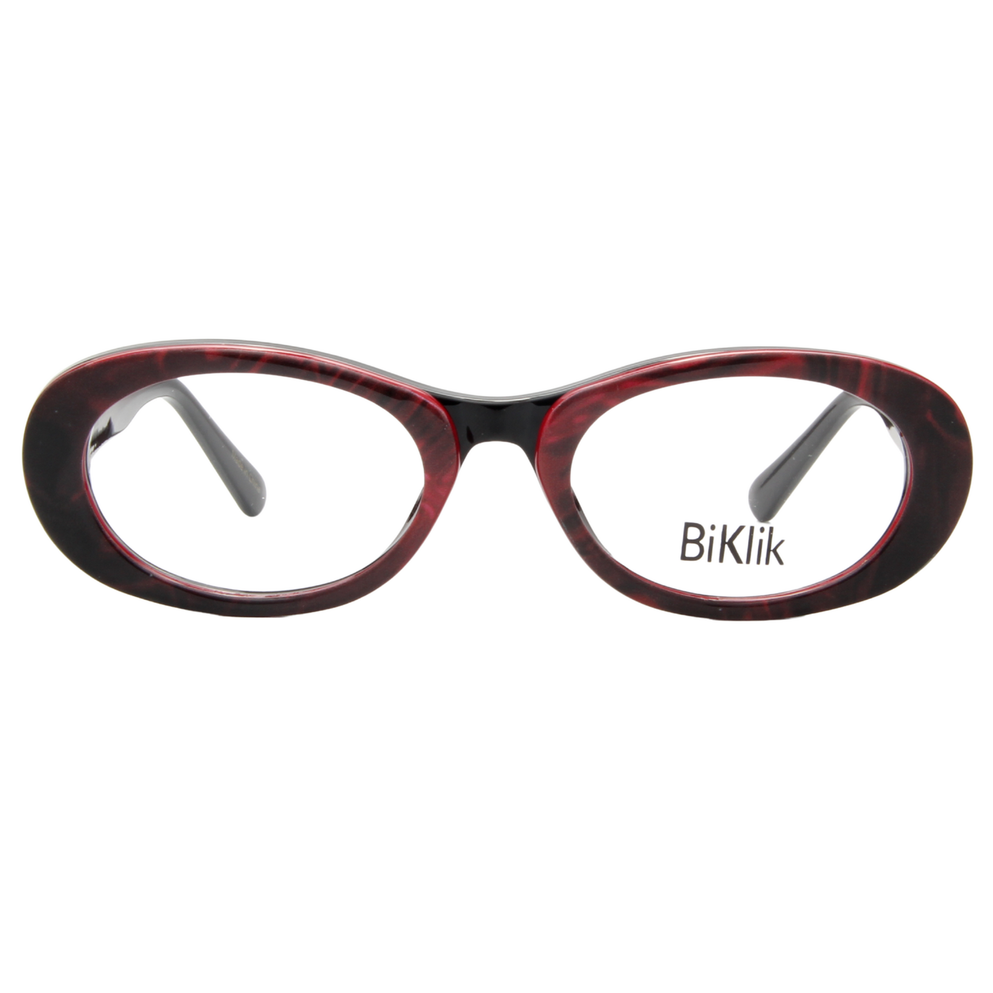 Red and black eyeglasses with 'BiKlik' branding on a white background