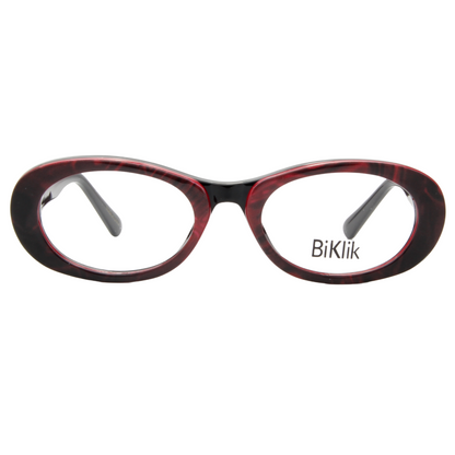 Red and black eyeglasses with 'BiKlik' branding on a white background