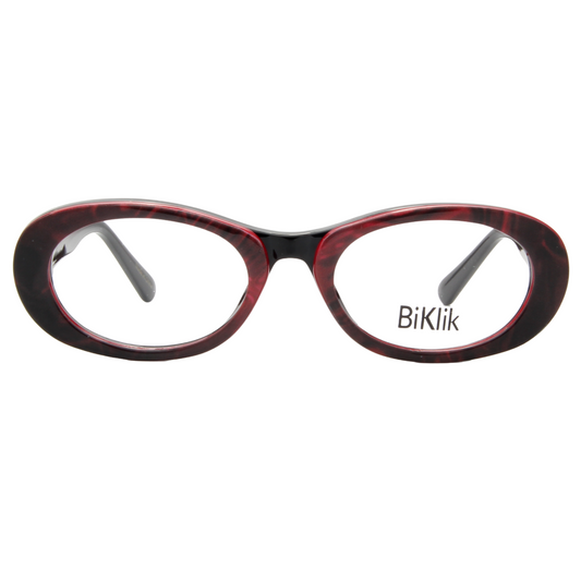Red and black eyeglasses with 'BiKlik' branding on a white background