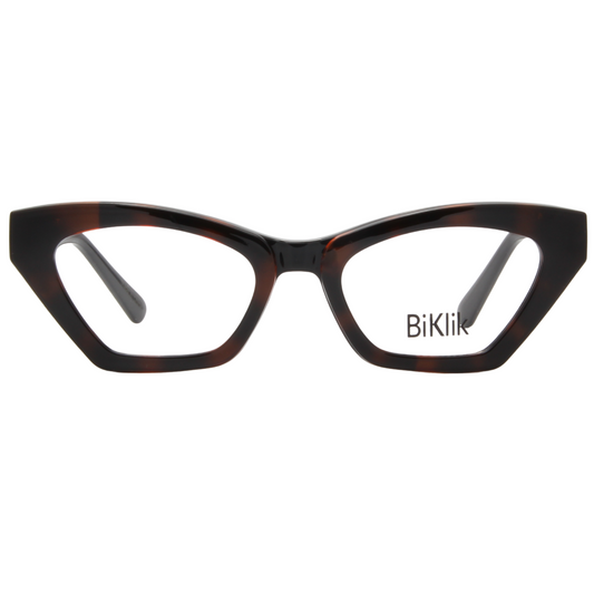Cat-eye glasses with tortoiseshell frame and 'BiKlik' branding on a white background