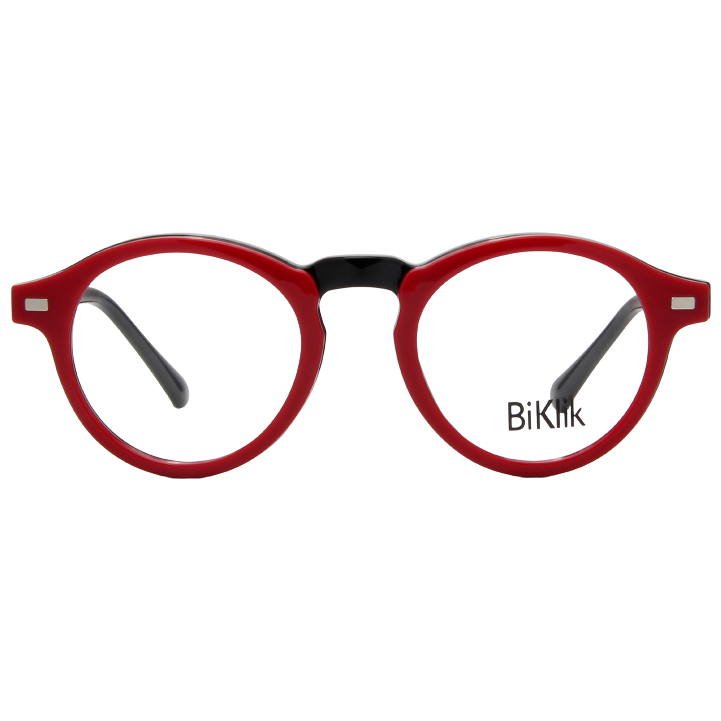 Burgundy eyeglasses with a black interior on a white background, featuring the brand 'Biklik'.