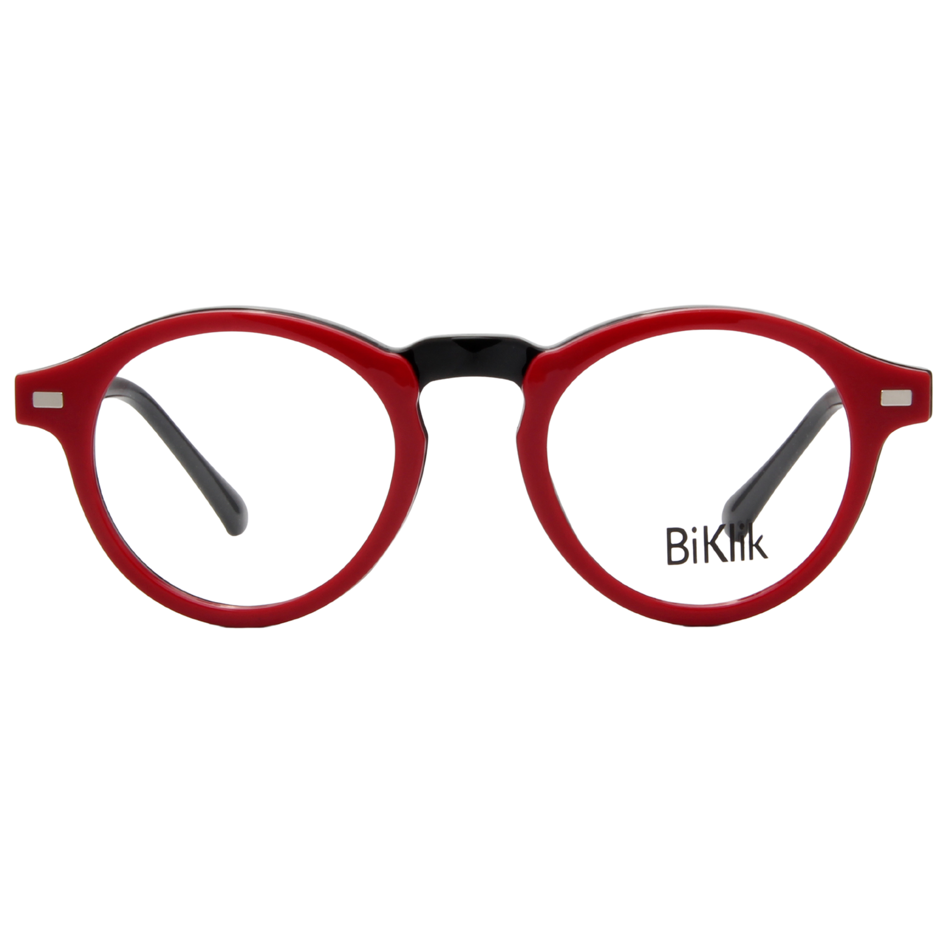 Burgundy eyeglasses with a black interior on a white background, featuring the brand 'Biklik'.