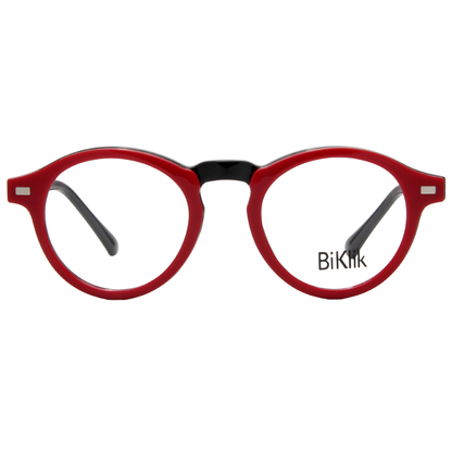 Burgundy eyeglasses with a black interior on a white background, featuring the brand 'Biklik'.