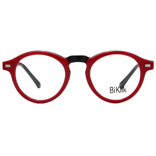 Burgundy eyeglasses with a black interior on a white background, featuring the brand 'Biklik'.