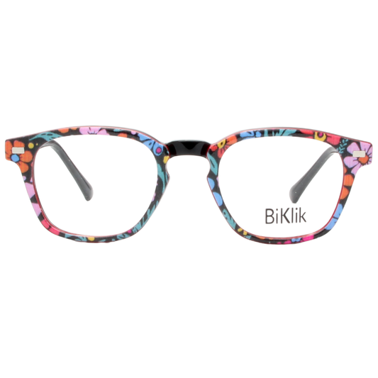 Multicolored floral-patterned eyeglasses with 'BiKlik' branding on a white background