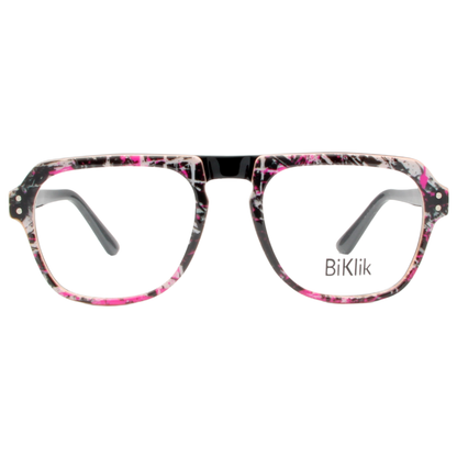 Floral patterned eyeglasses with 'BiKlik' branding on a white background