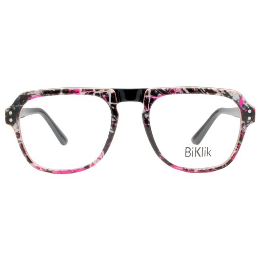 Floral patterned eyeglasses with 'BiKlik' branding on a white background