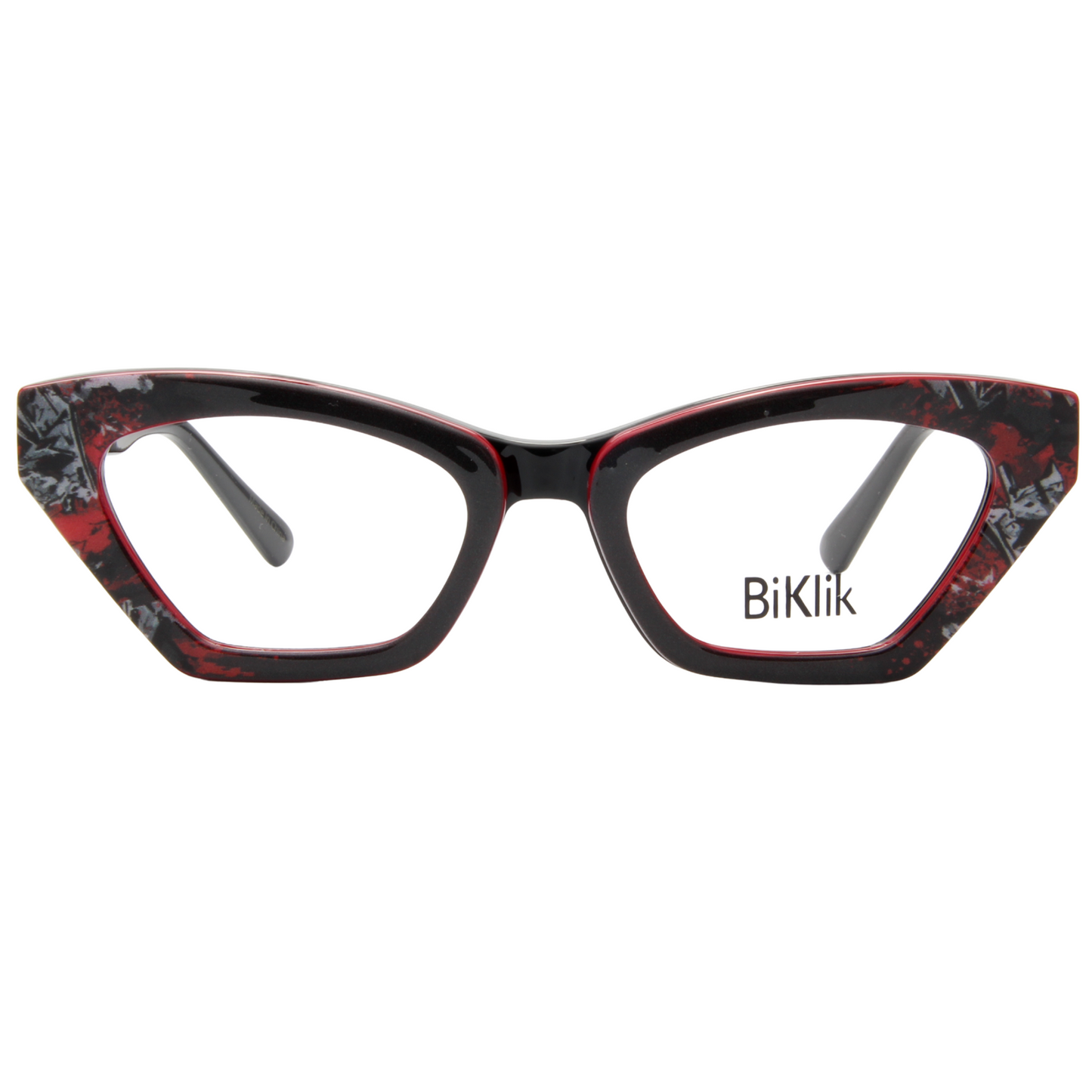 Cat-eye glasses with red and black frame on a white background, featuring the brand 'BiKlik'.