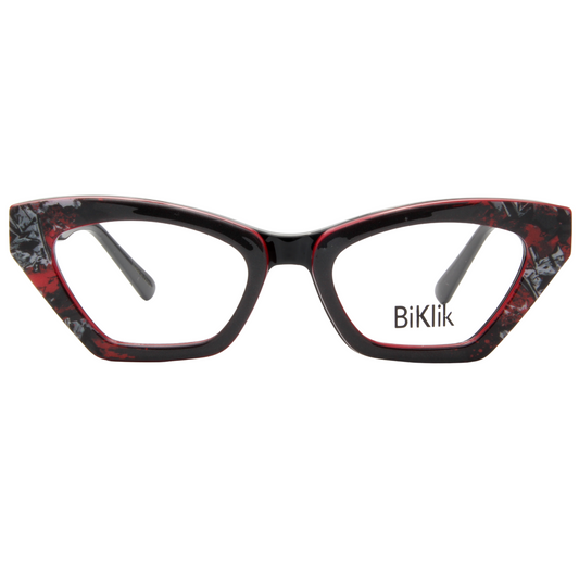 Cat-eye glasses with red and black frame on a white background, featuring the brand 'BiKlik'.