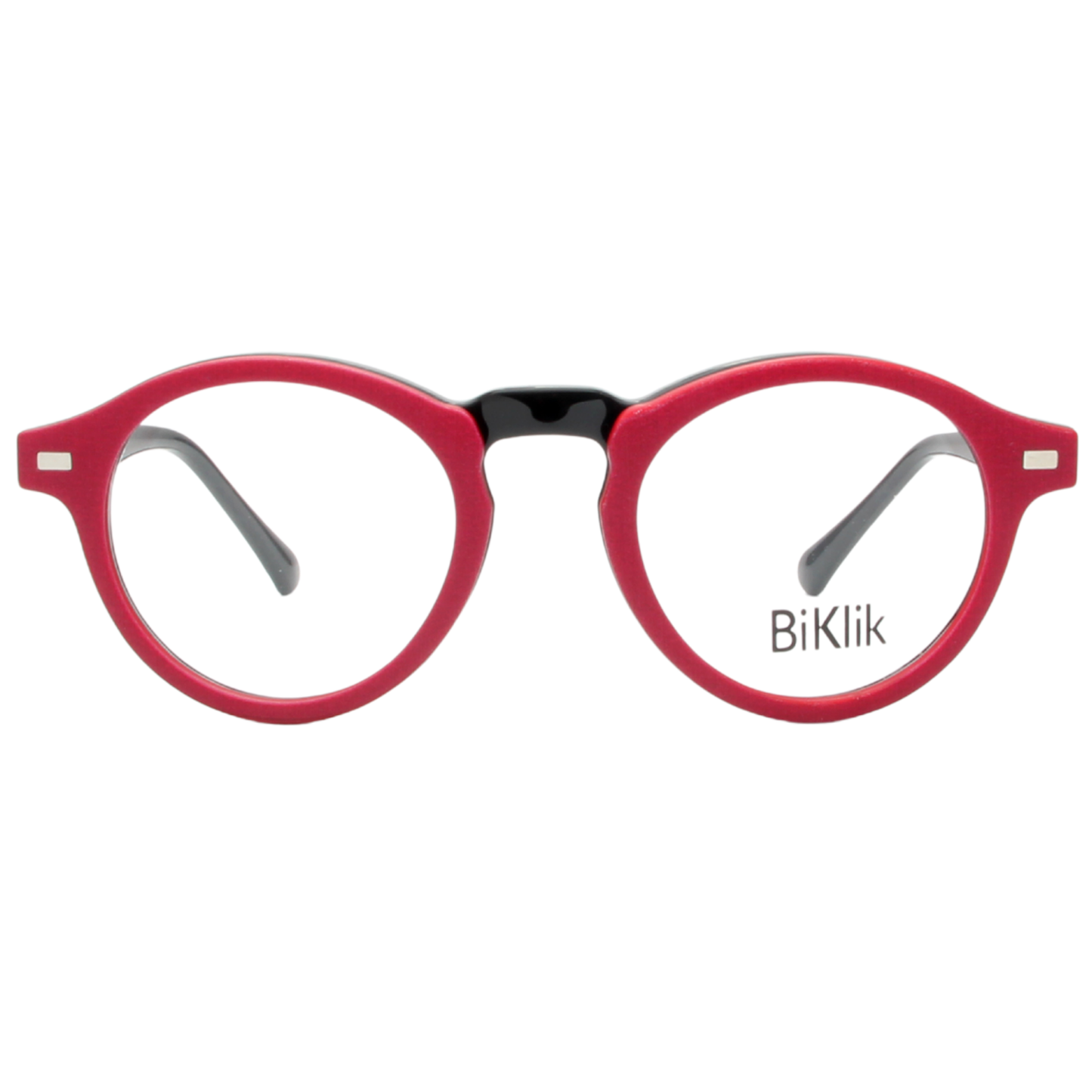 Red eyeglasses with 'BiKlik' branding on a white background