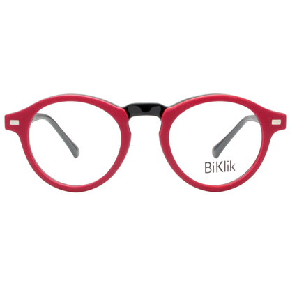 Red eyeglasses with 'BiKlik' branding on a white background