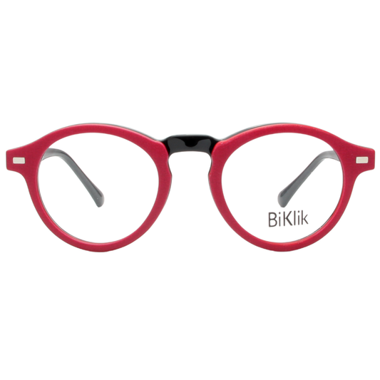 Red eyeglasses with 'BiKlik' branding on a white background