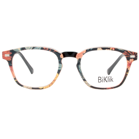 Multicolored floral-patterned eyeglasses with 'BiKlik' branding on a white background