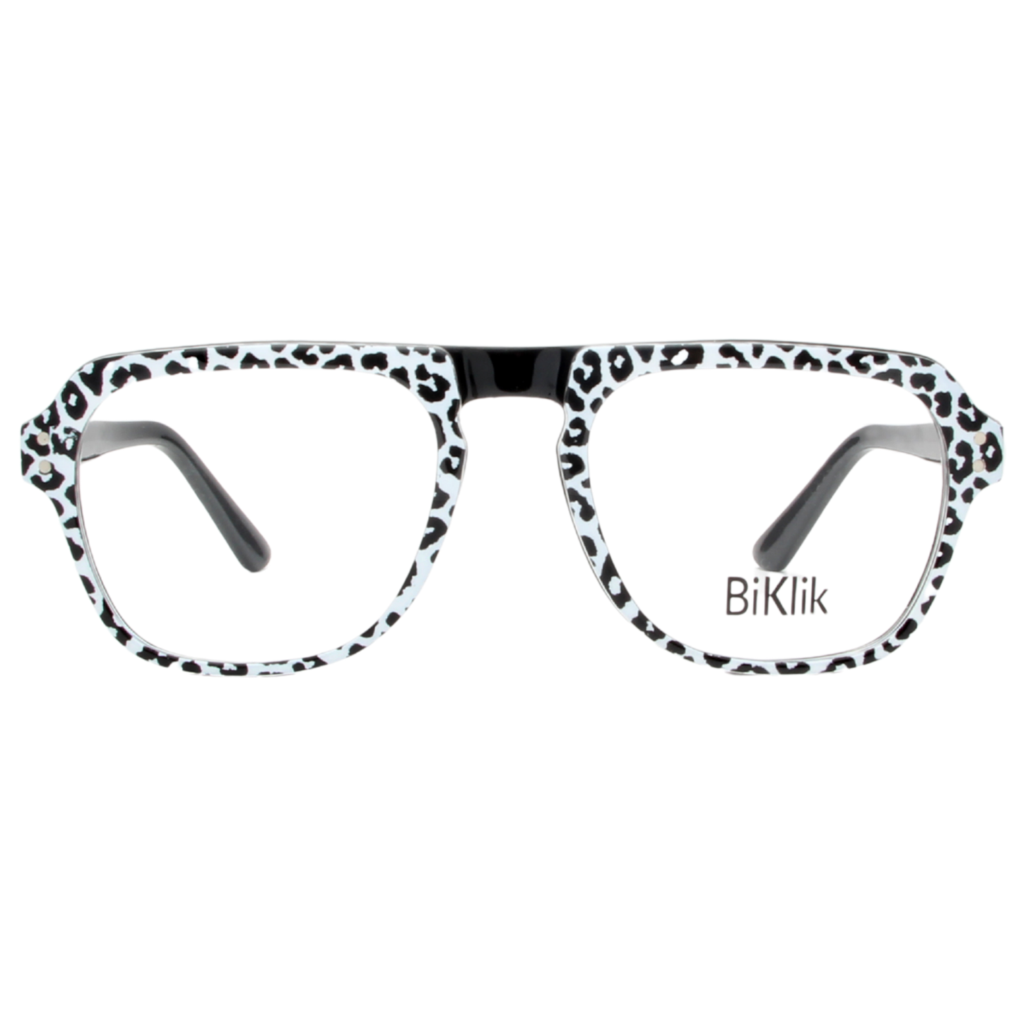 Leopard print eyeglass frames with 'BiKlik' branding on a white background
