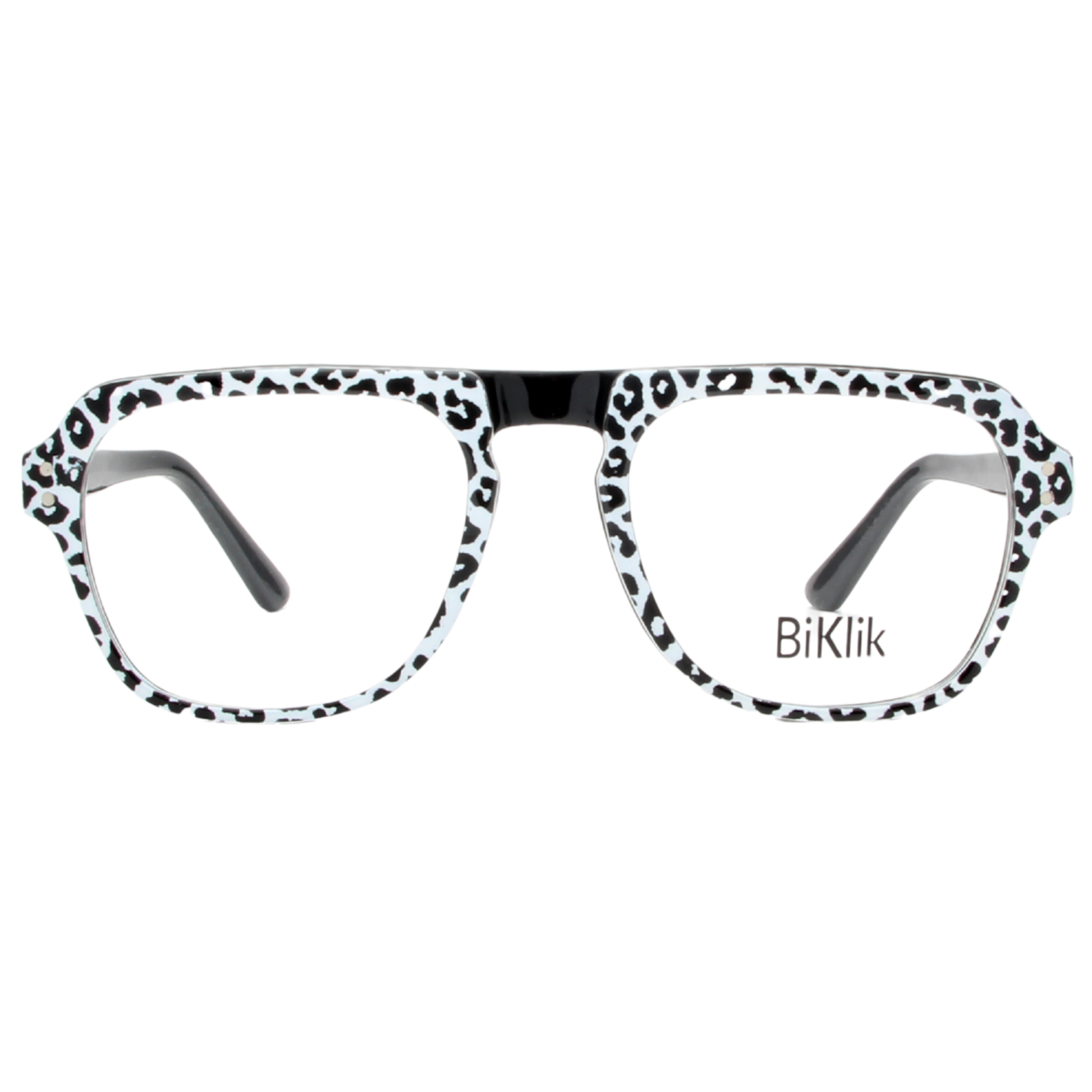 Leopard print eyeglass frames with 'BiKlik' branding on a white background