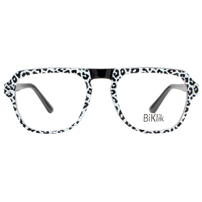 Leopard print eyeglass frames with 'BiKlik' branding on a white background