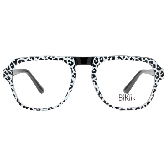Leopard print eyeglass frames with 'BiKlik' branding on a white background