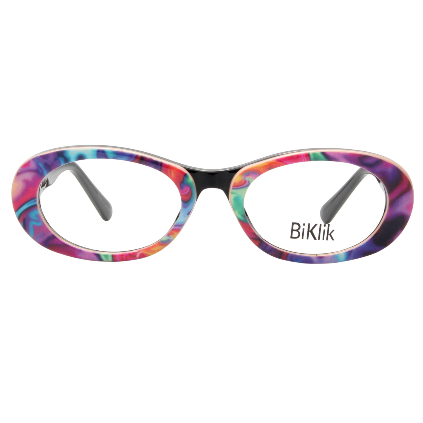 Colorful eyeglasses with 'BiKlik' branding on a white background