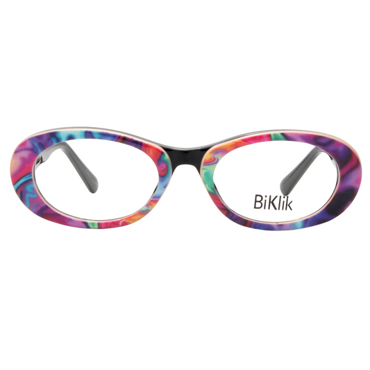 Colorful eyeglasses with 'BiKlik' branding on a white background