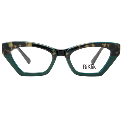Cat-eye glasses with tortoiseshell frame and green accents on a white background, featuring the brand 'BiKlik'.