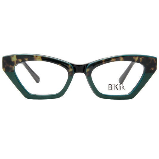 Cat-eye glasses with tortoiseshell frame and green accents on a white background, featuring the brand 'BiKlik'.