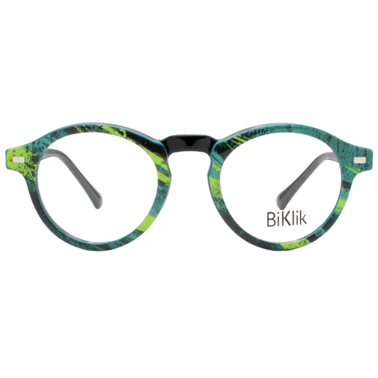 Round eyeglasses with a colorful frame on a white background, featuring the brand 'BiKlik'.