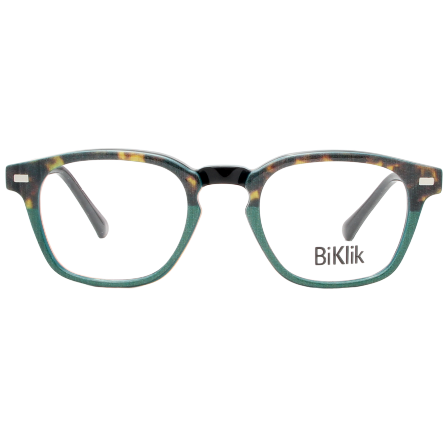Eyeglasses with a tortoiseshell frame and green accents on a white background, featuring the brand 'BiKlik'.