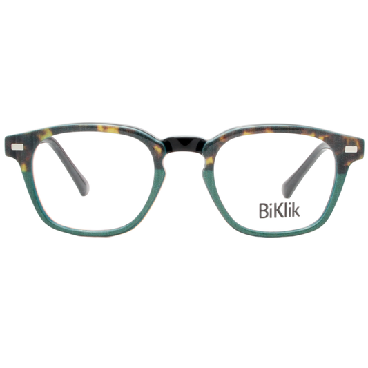 Eyeglasses with a tortoiseshell frame and green accents on a white background, featuring the brand 'BiKlik'.