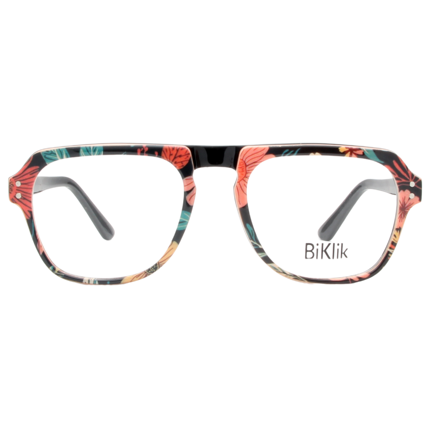 Multicolored eyeglasses with 'BiKlik' branding on a white background