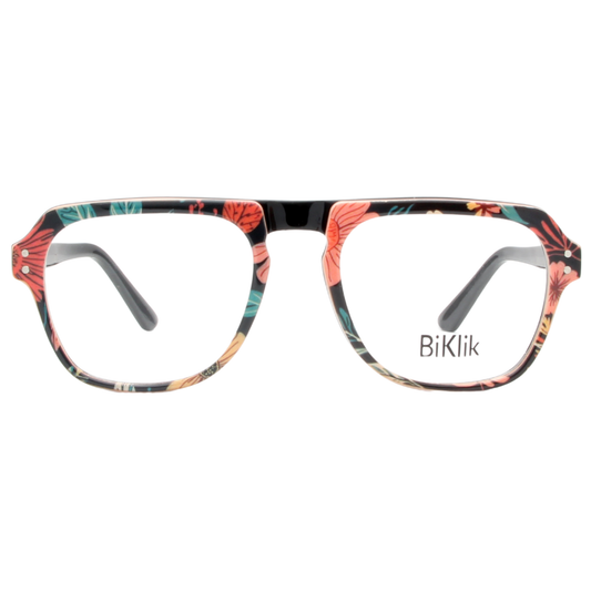 Multicolored eyeglasses with 'BiKlik' branding on a white background
