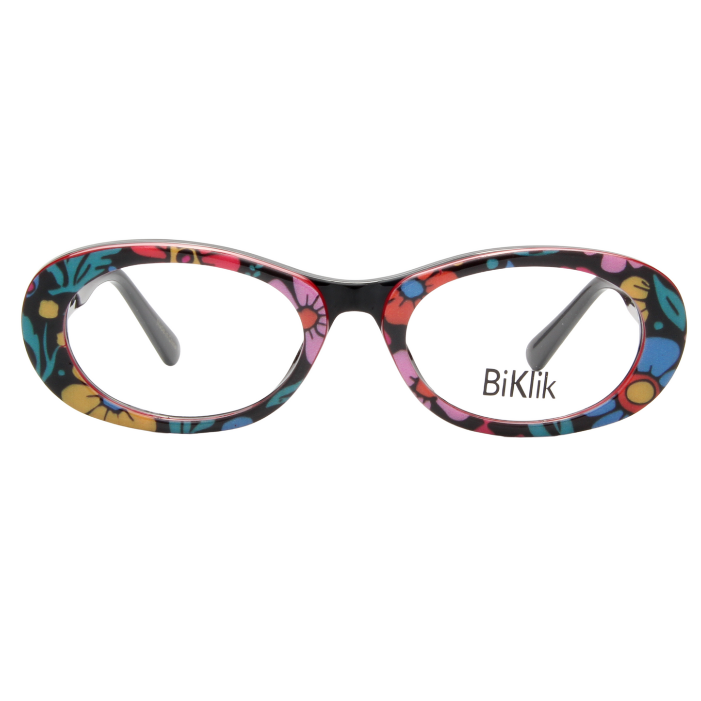 Colorful eyeglasses with floral pattern on a white background