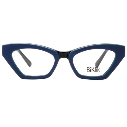 Blue cat-eye glasses with 'BiKlik' branding on a white background
