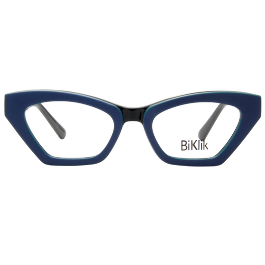 Blue cat-eye glasses with 'BiKlik' branding on a white background