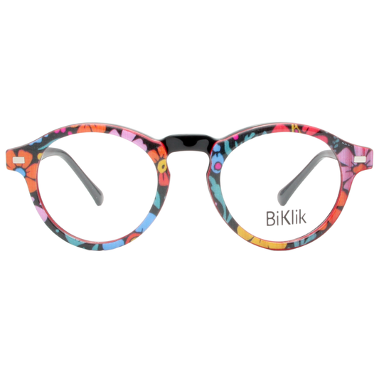 Colorful eyeglasses with a floral pattern on a white background