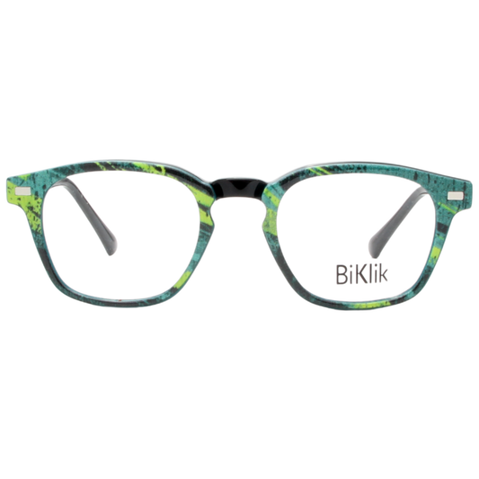 Eyeglasses with a colorful frame and 'BiKlik' branding on a white background