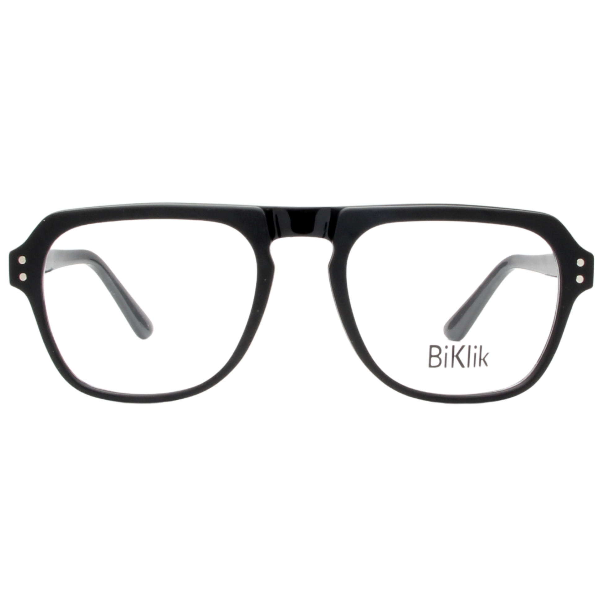 Black eyeglasses with 'Biklik' branding on a white background