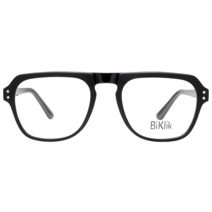 Black eyeglasses with 'Biklik' branding on a white background