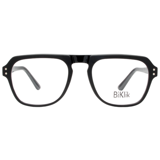 Black eyeglasses with 'Biklik' branding on a white background