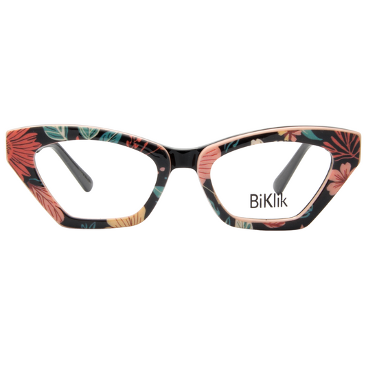 Floral-patterned glasses with 'BiKlik' branding on a white background