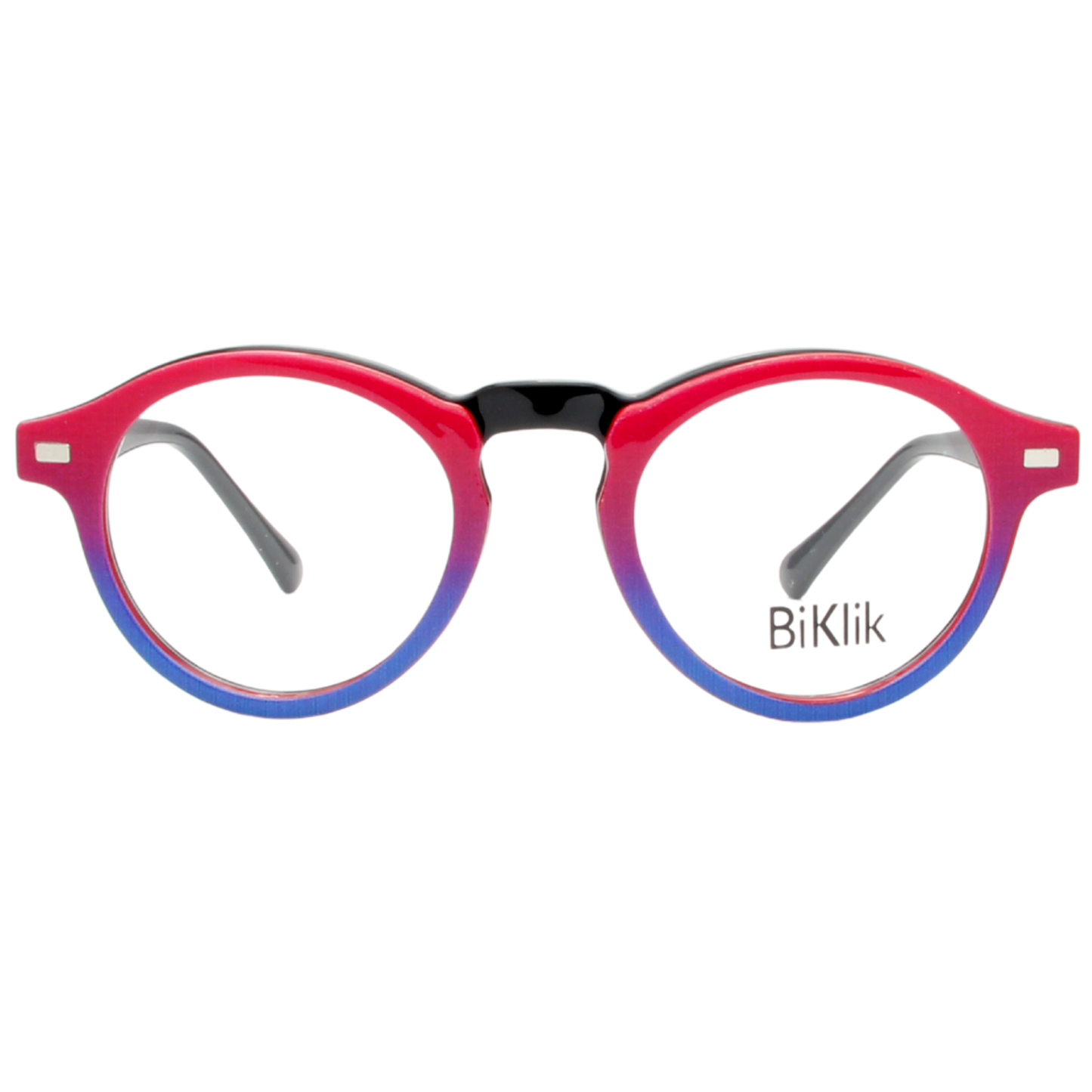 Glasses with red and blue gradient frame on a white background, featuring the brand 'BiKlik'.