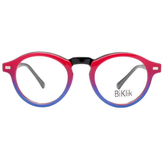 Glasses with red and blue gradient frame on a white background, featuring the brand 'BiKlik'.