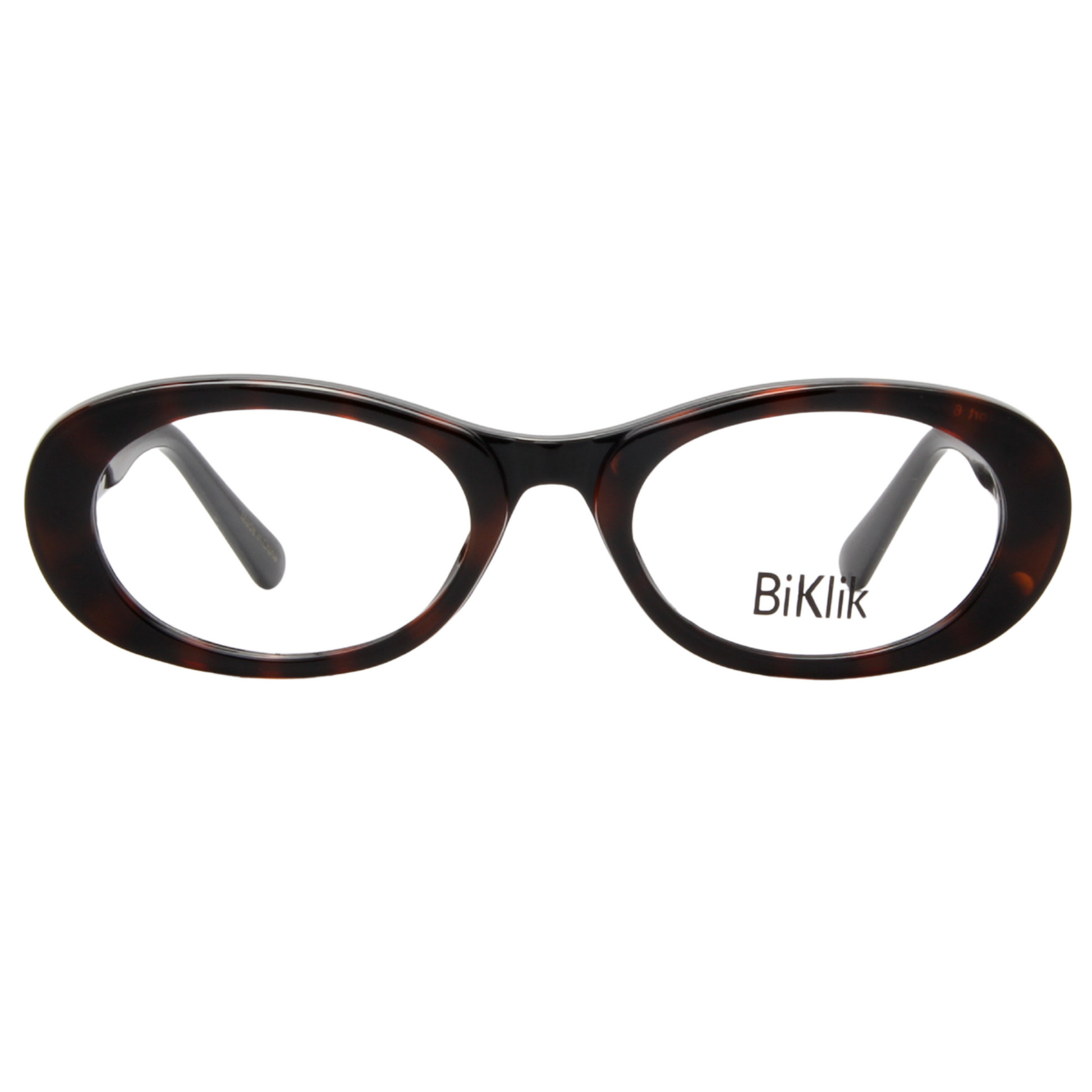 Tortoiseshell eyeglasses with 'BiKlik' branding on a white background