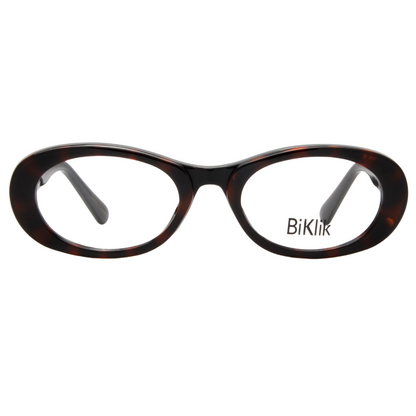 Tortoiseshell eyeglasses with 'BiKlik' branding on a white background