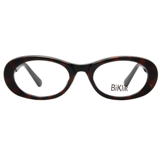Tortoiseshell eyeglasses with 'BiKlik' branding on a white background
