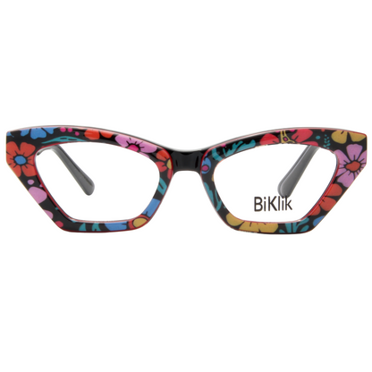 Colorful floral-patterned glasses with 'BiKlik' branding on a white background